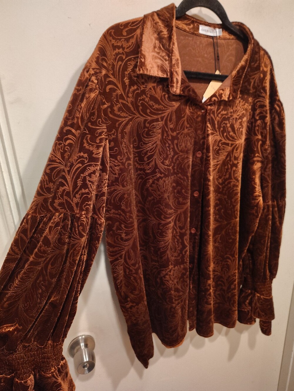 Cherybetty Brown Velvet Burnout Floral Blouse Shirt 3XL NWT Lantern Sleeve Boho - Picture 6 of 9